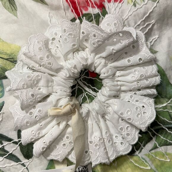 AE White Double Ruffle Scalloped Eyelet Embroidered Large Hair Scrunchie - Picture 4 of 4